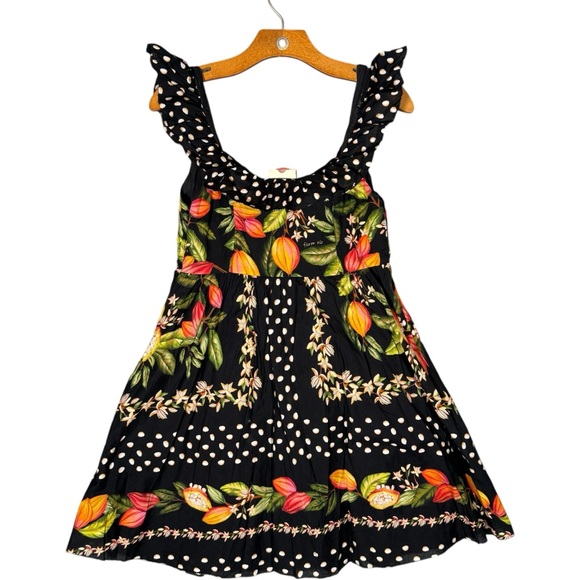 Farm Rio Cocoa Paradise Mini Dress Floral Ruffle  Cotton Square Neck Boning M - Picture 2 of 12